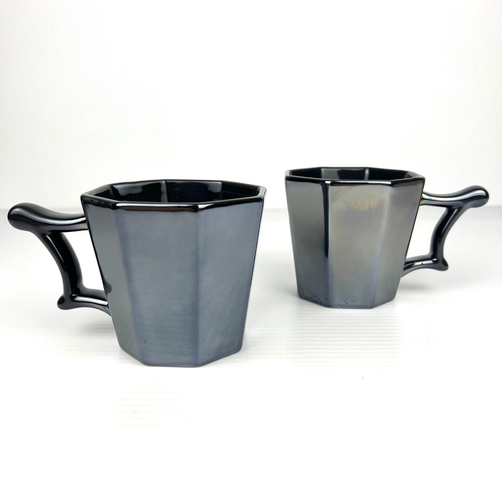 Starbucks 2013‎ Hexagon Mugs Set of 2 Iridescent Oil Slick Metallic Black 14oz